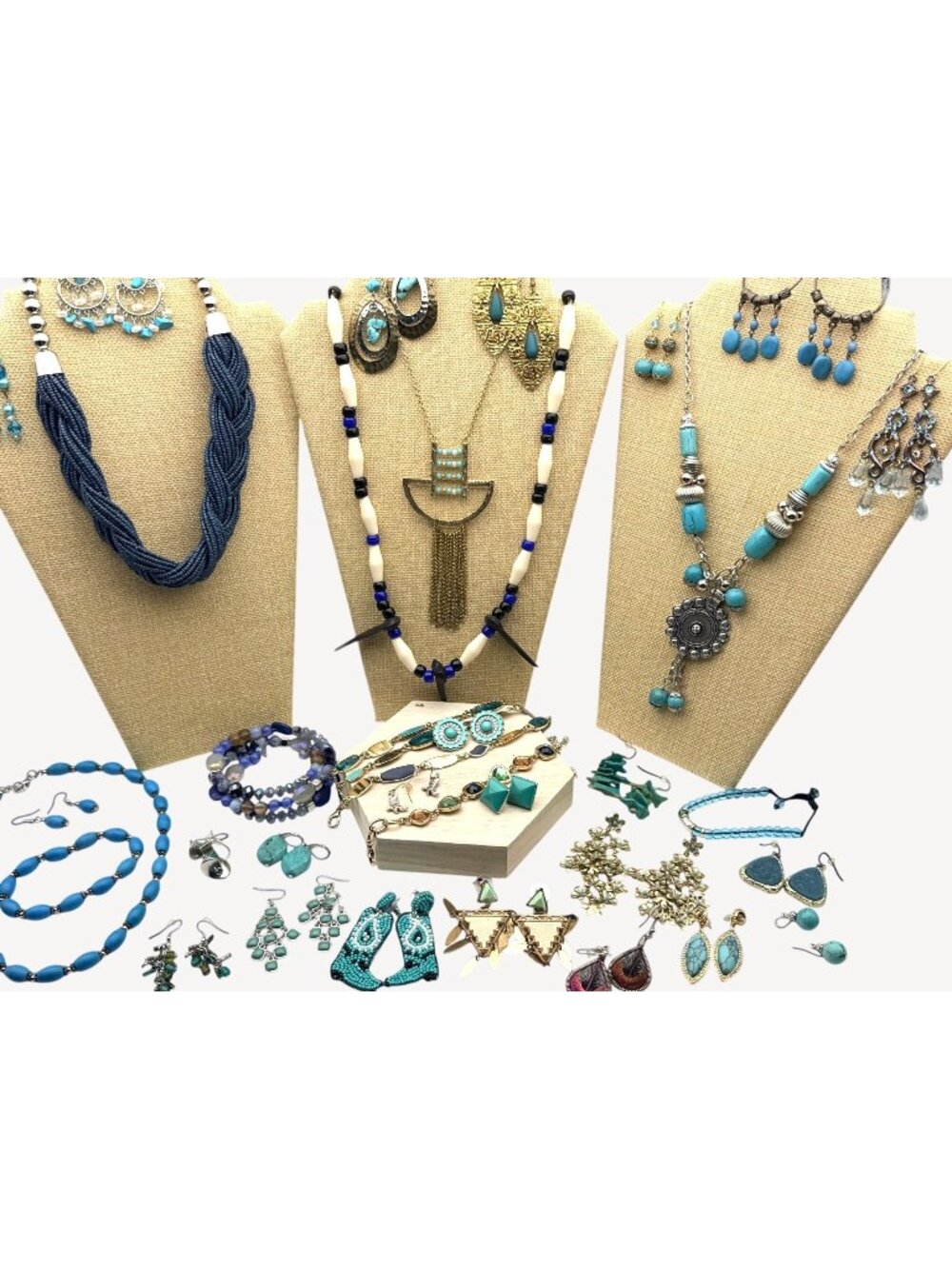 Costume Jewelry Lot Turquoise Blue 50+ Pcs Wear Earrings Necklaces Bracelets